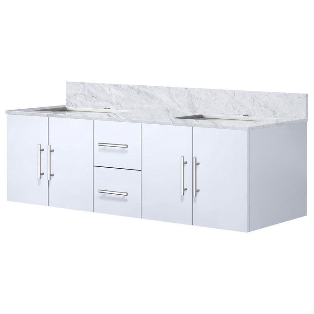 Lexora Home Geneva 60" Double Bathroom Vanity in Glossy White with 2 cm White Carrara Marble Top and Rectangular Sinks, , large