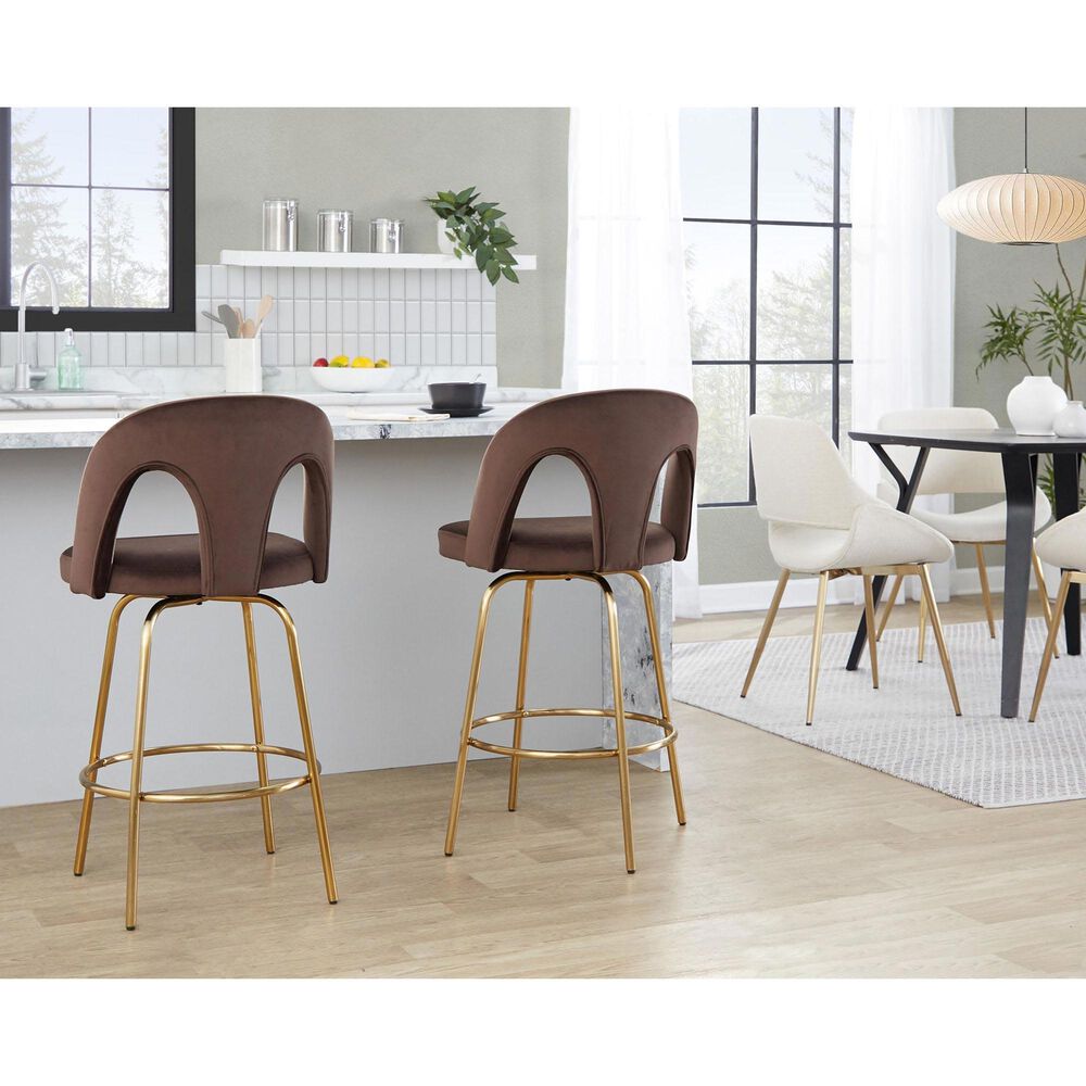 LumiSource Ava Swivel Counter Stool with Espresso Velvet Upholstery in Gold (Set of 2), , large