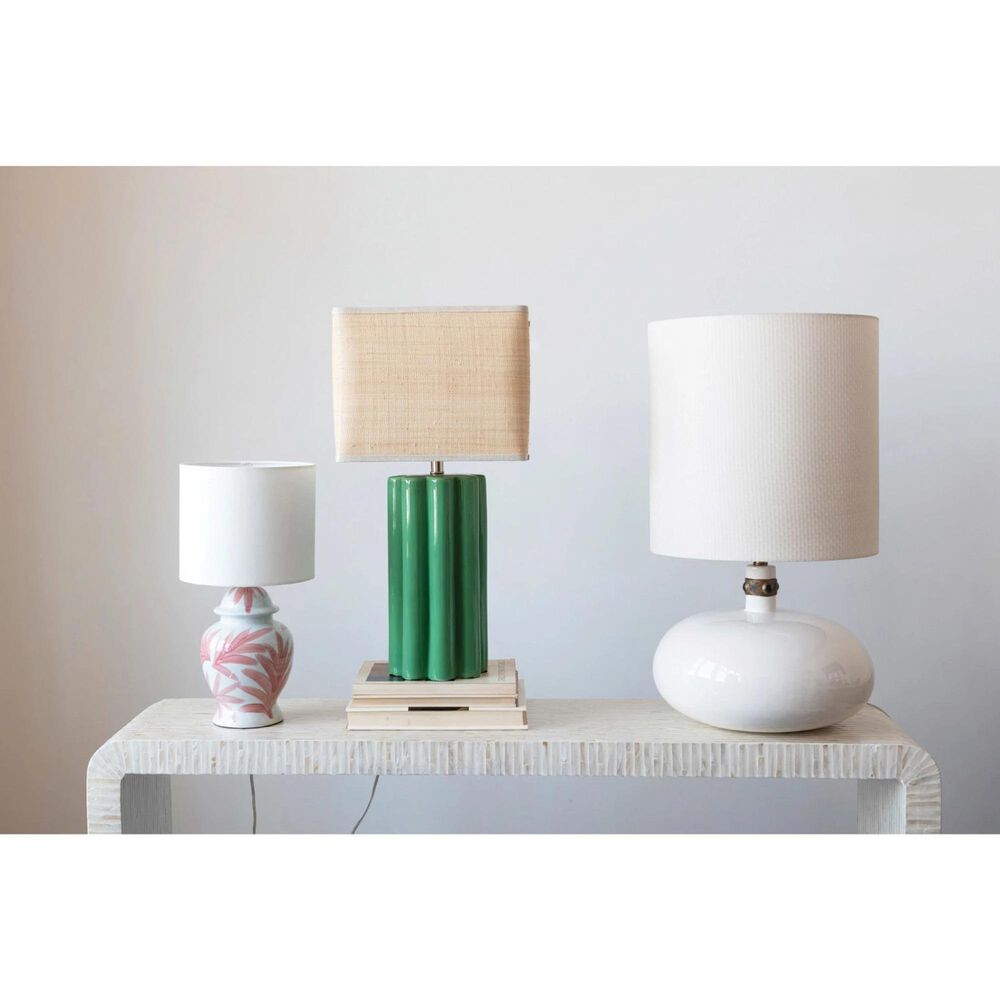 Creative Coop Paisley Stoneware Table Lamp with Fluted Base and Raffia Shade in Green, , large