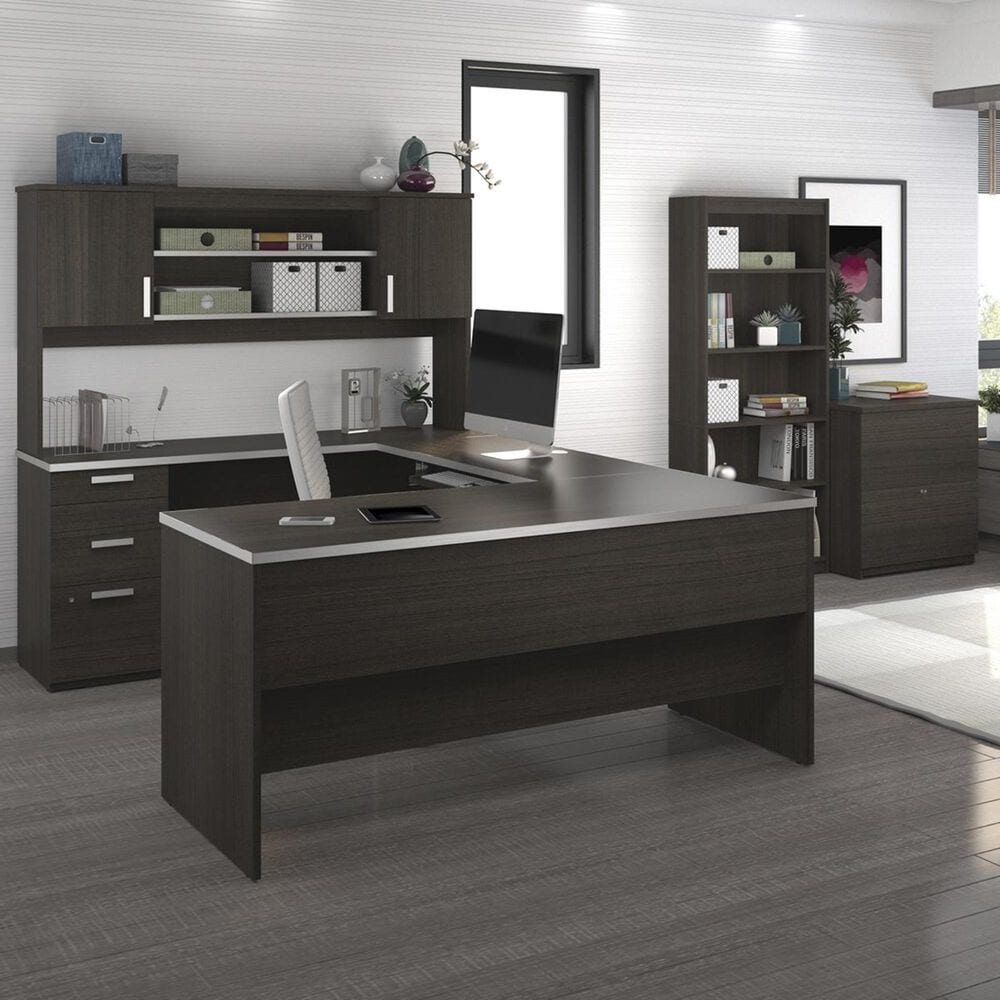 Bestar Ridgeley U-Shaped Desk With Lateral File And Bookcase In Dark Chocolate, , large