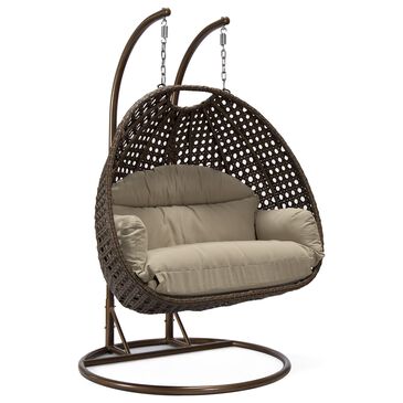 Leisuremod Mendoza Patio 2-Seat Hanging Egg Swing Chair with Taupe Cushion in Dark Brown, , large
