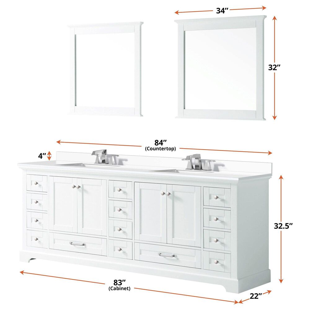 Lexora Home Dukes 84&quot; Double Bathroom Vanity in White with 2 cm White Quartz Top and Rectangular Sinks, , large