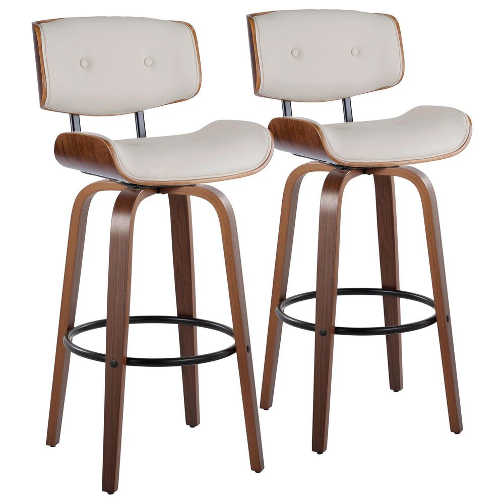 LumiSource Lombardi 30" Swivel Barstool with Cream Faux Leather Upholstery in Walnut and Black (Set of 2), , large
