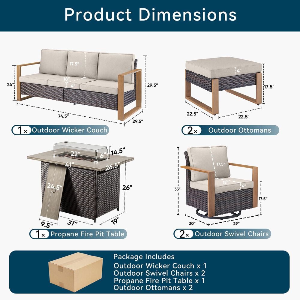 Sunwell Garden 6-Piece Patio Fire Pit Set in Beige, , large
