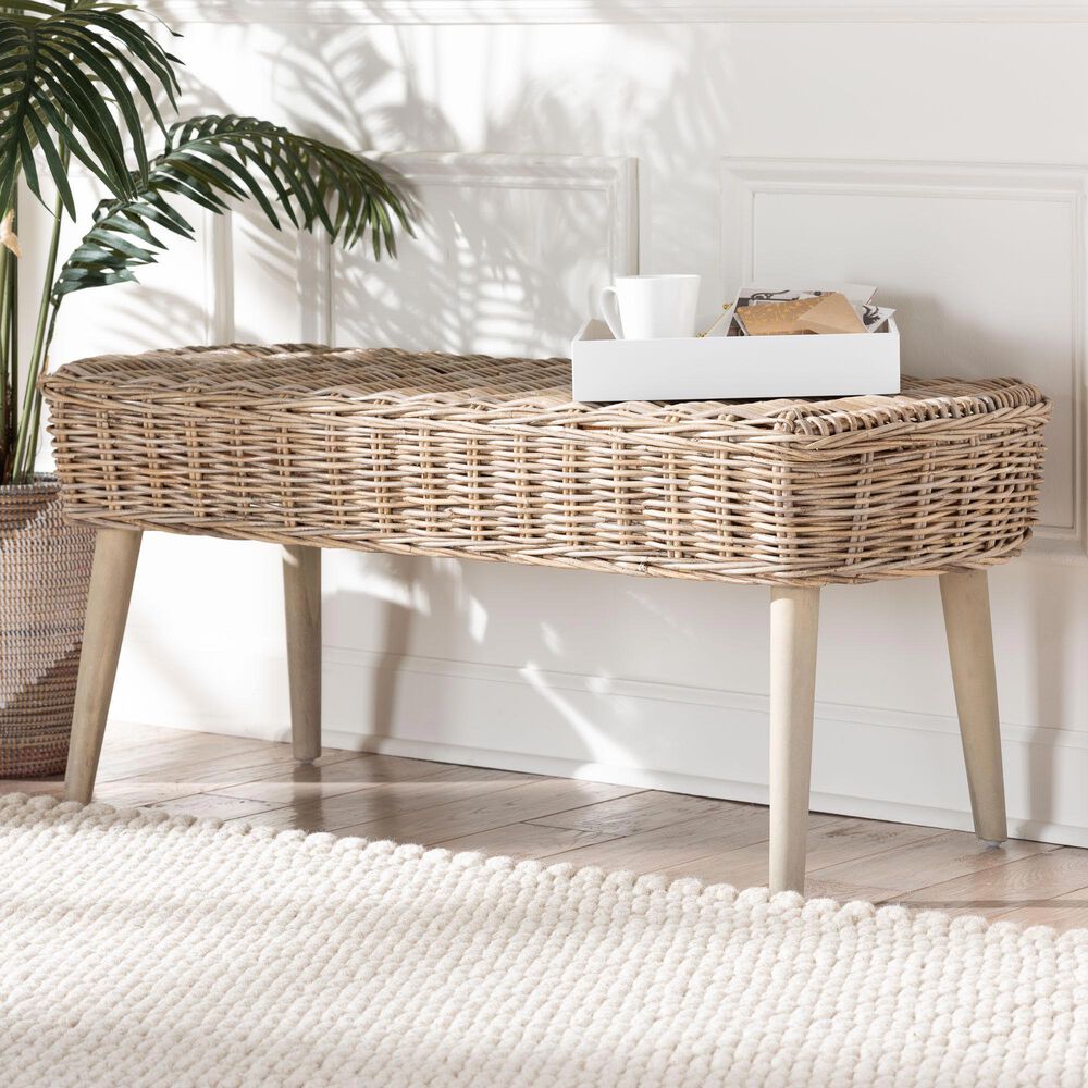 Baxton Studio Raisa Bench in Grey and Light Brown, , large