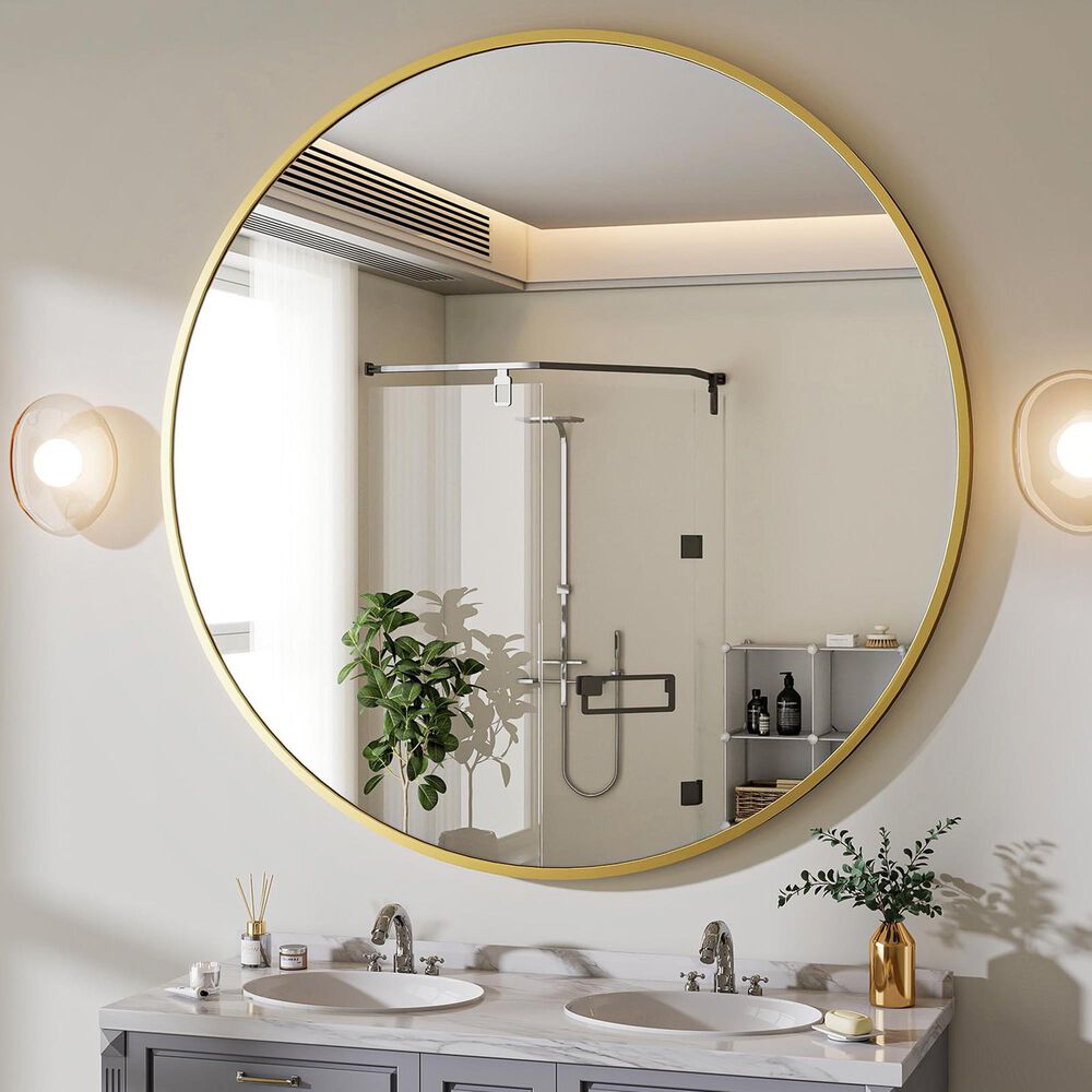 HOMLUX 30" Round Wall Mirror in Gold, , large