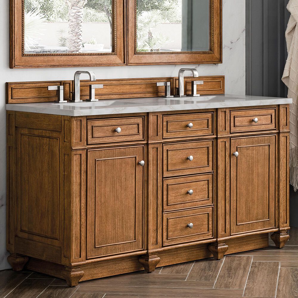 James Martin Vanities Bristol 60" Double Bathroom Vanity in Saddle Brown with 3 cm Eternal Jasmine Pearl Silestone Top, Rectangular Sinks and FreePower Wireless Charger, , large