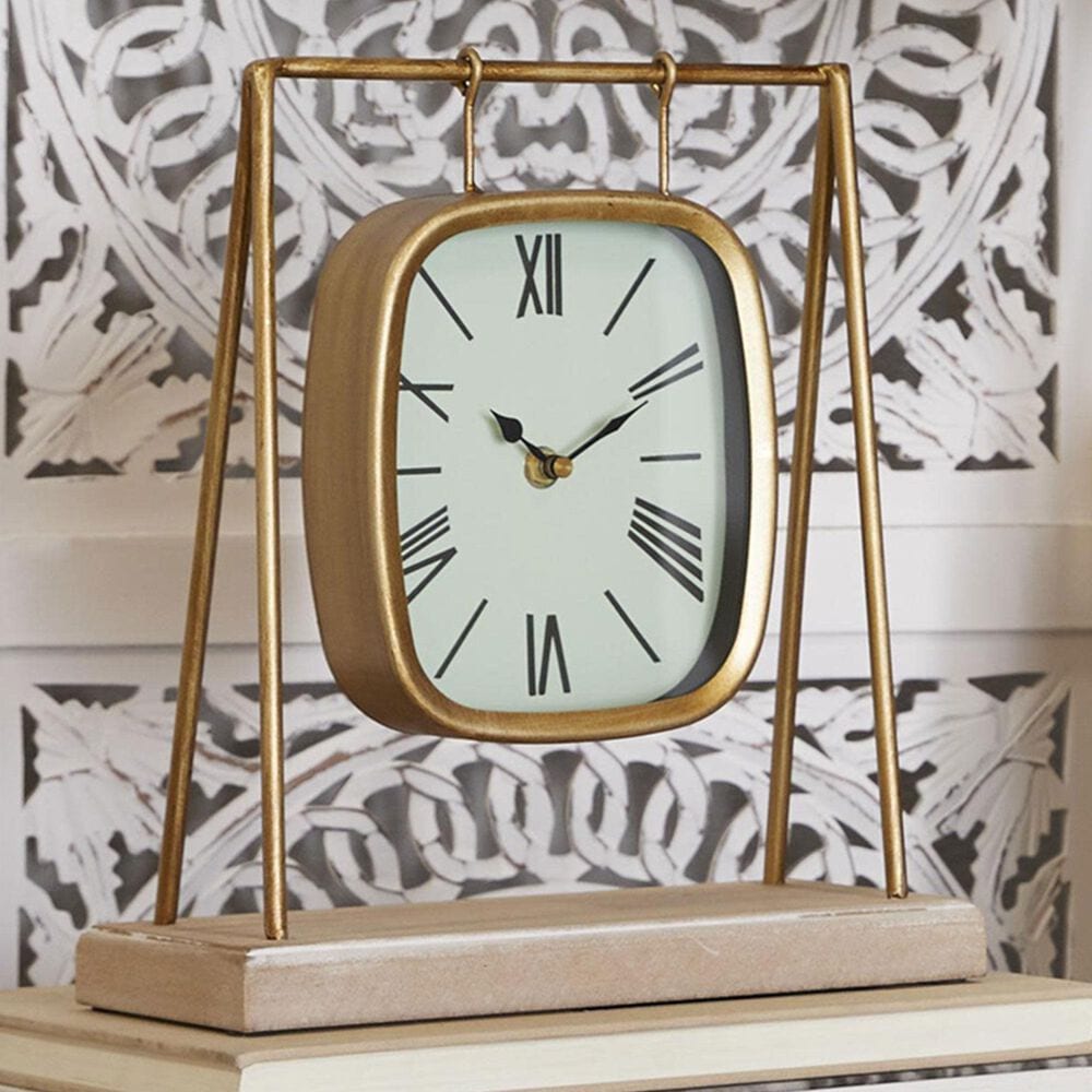 Maple and Jade Pendulum Decorative Table Clock with Wood Base in Satin Gold and Brown, , large