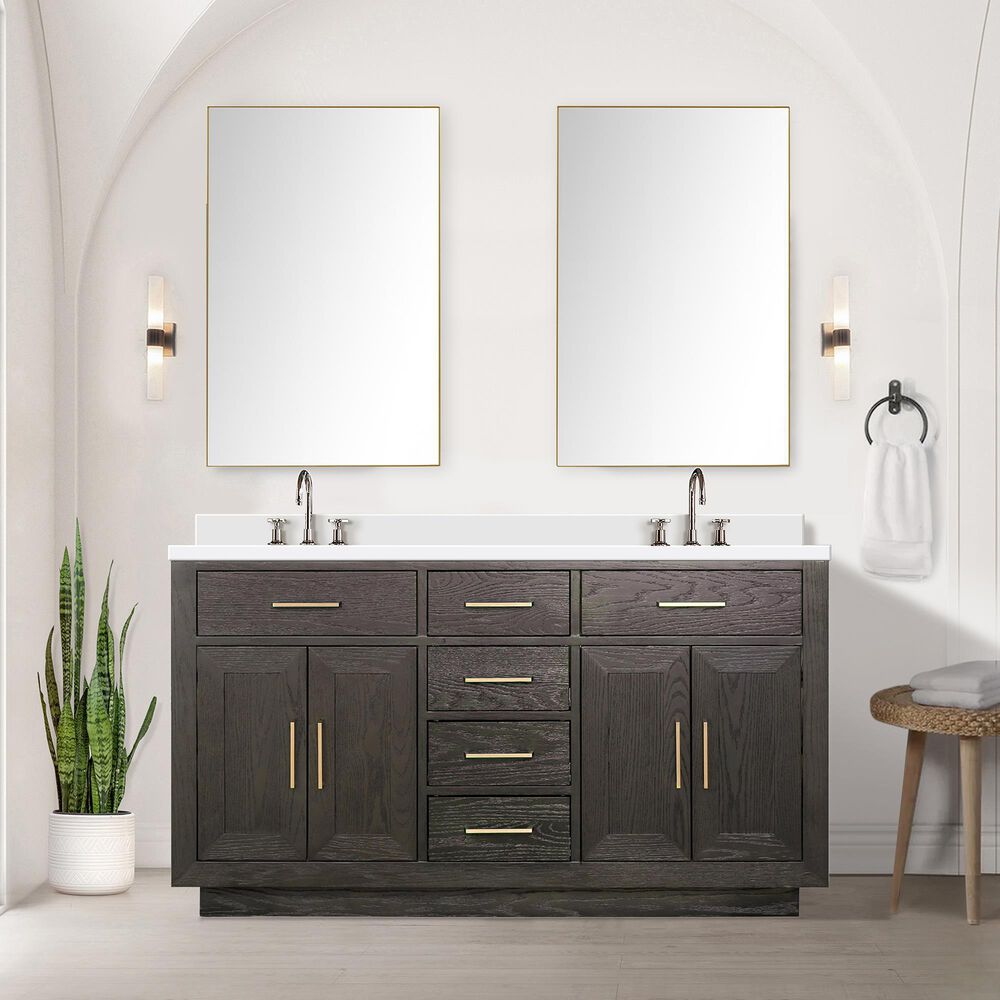 Lexora Home Abbey 60&quot; Double Bathroom Vanity in Brown Oak with 2 cm White Cultured Marble Top and Rectangular Sinks, , large
