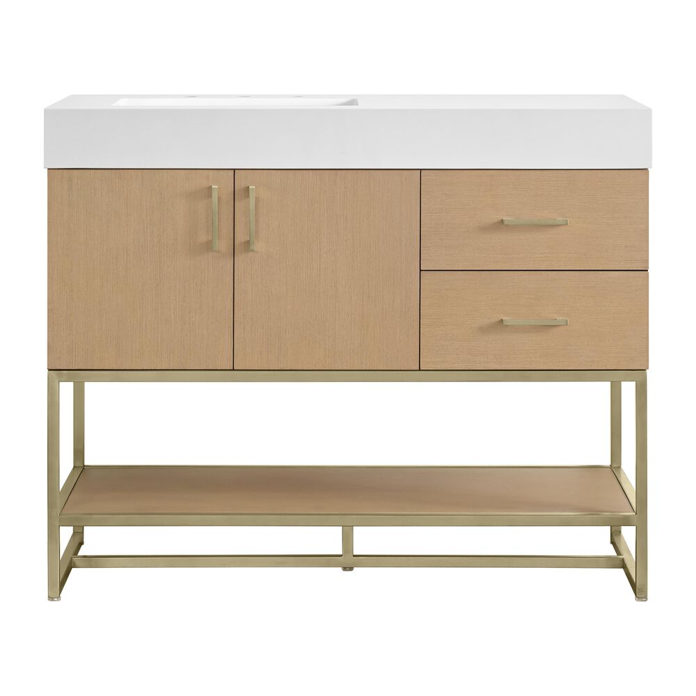 37B Mauri 42" Single Bathroom Vanity with Metal Base in Warm Oak with High-Profile 4" White Composite Stone Top, , large