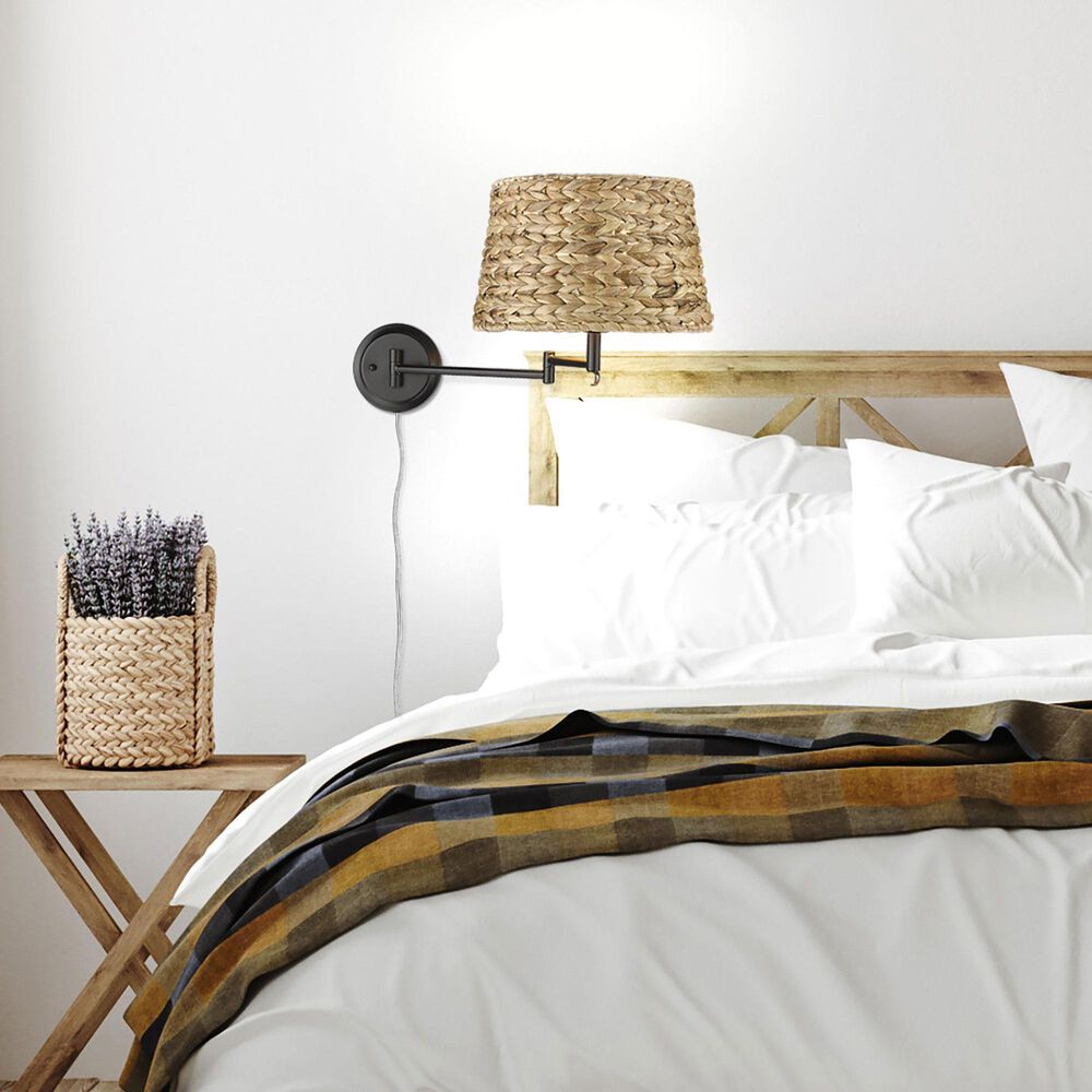 Golden Lighting Eleanor 1-Light Articulating Wall Sconce with Woven Sweet Grass Shade in Matte Black, , large