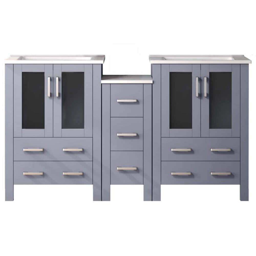 Lexora Home Volez 60&quot; Double Bathroom Vanity in Dark Grey with 2 cm White Ceramic Top, Rectangular Sinks and Side Cabinet, , large