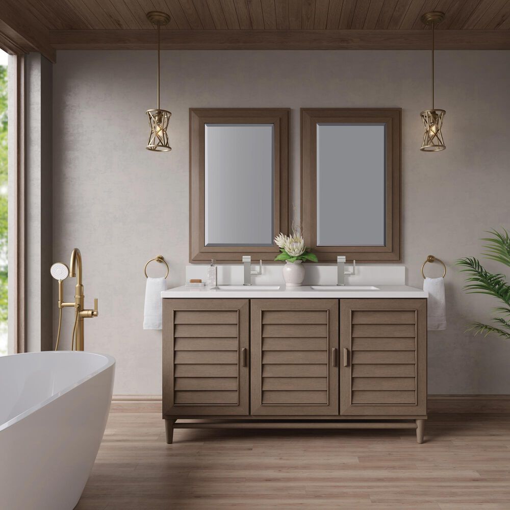 James Martin Vanities Portland 60&quot; Double Bathroom Vanity in Whitewashed Walnut with Single Hole 3 cm White Zeus Quartz Top and Rectangular Sinks, , large