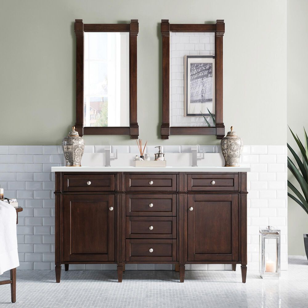 James Martin Vanities Brittany 60&quot; Double Bathroom Vanity in Burnished Mahogany with 3 cm White Zeus Quartz Top and Rectangular Sinks, , large