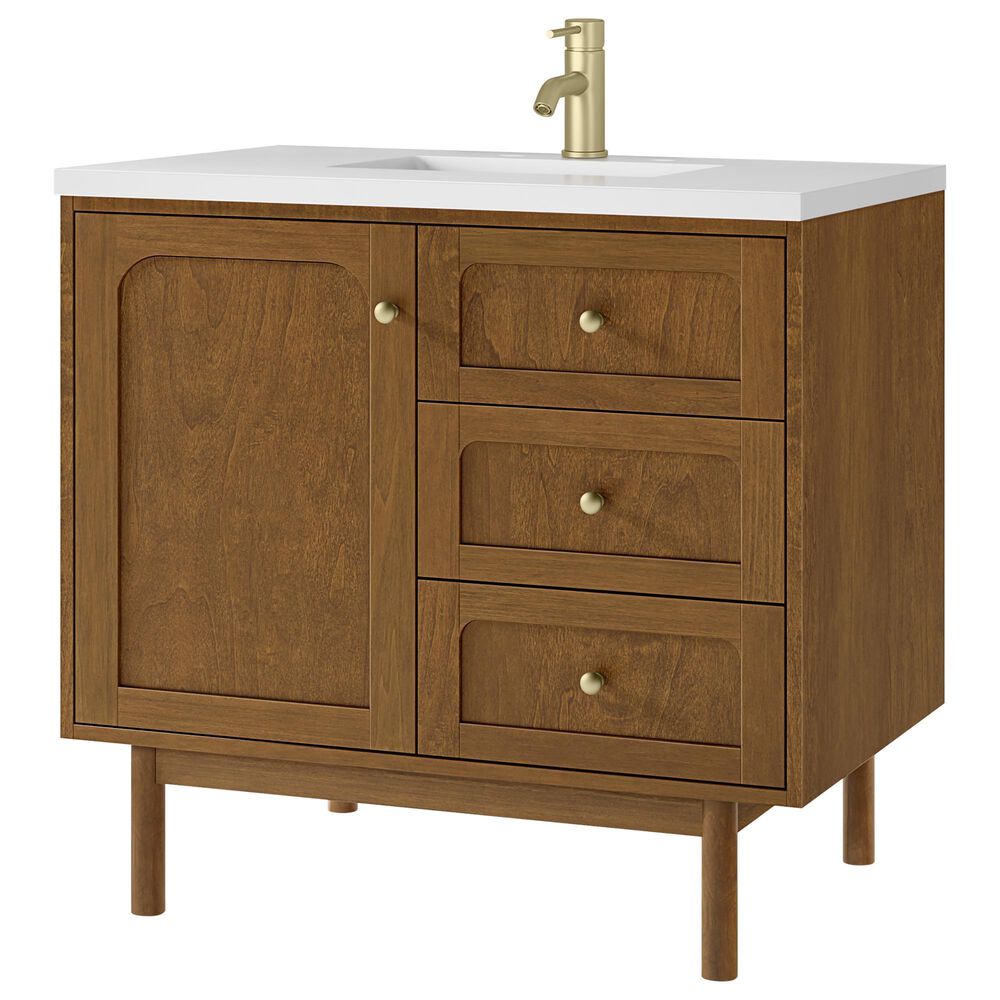 James Martin Laurent 36" Single Bathroom Vanity in Honey Oak with Single Hole 3 cm White Zeus Silestone Top and Rectangular Sink, , large