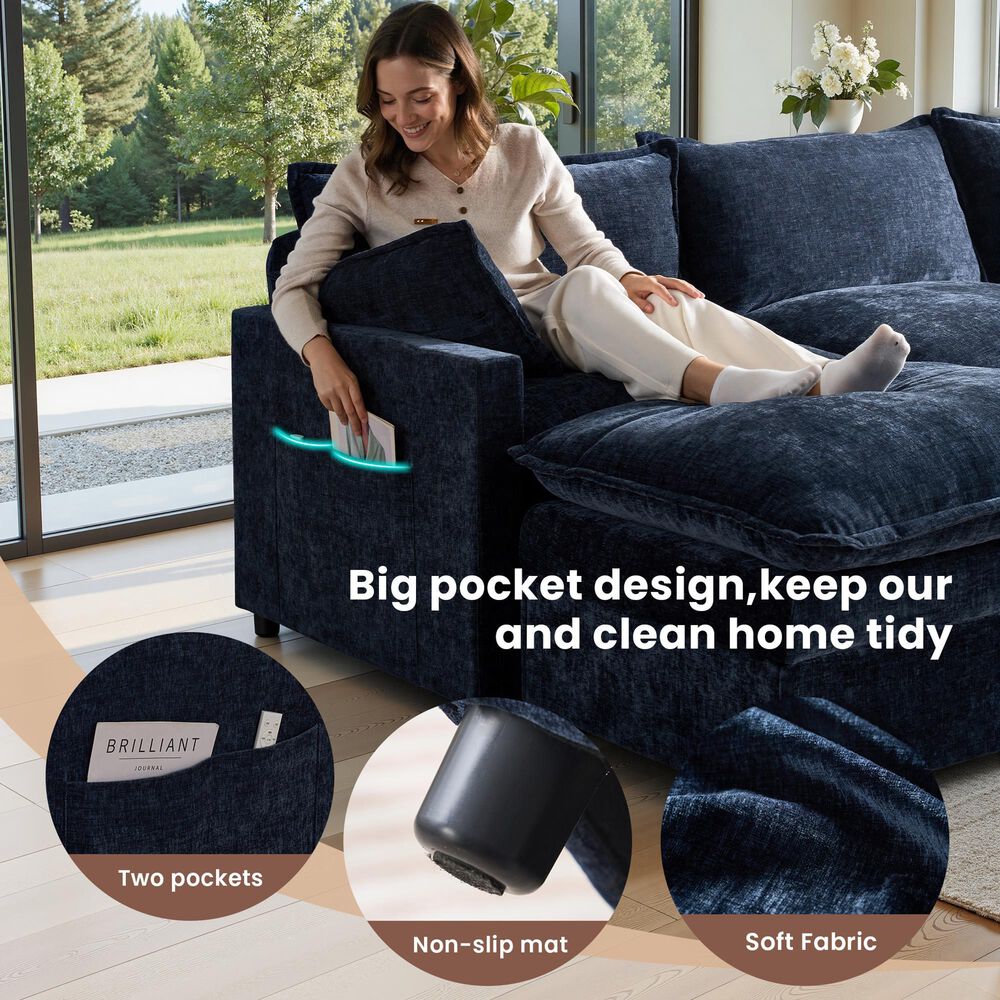 HOMLUX 107.87" Ultra-Comfort Chenille Sectional Sofa Set in Dark Blue, , large