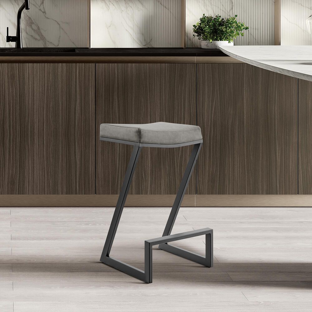 Blue River Atlantis 26&quot; Backless Counter Stool with Matte Black Iron and Vintage Gray Faux Leather, , large