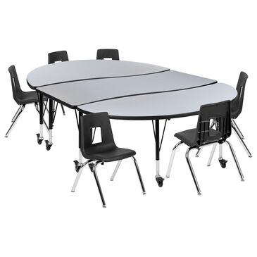 Flash Furniture Emmy Mobile 9-Piece 86" Oval Wave Activity Table Set with 14" Student Stack Chairs in Gray, Black and Chrome, , large