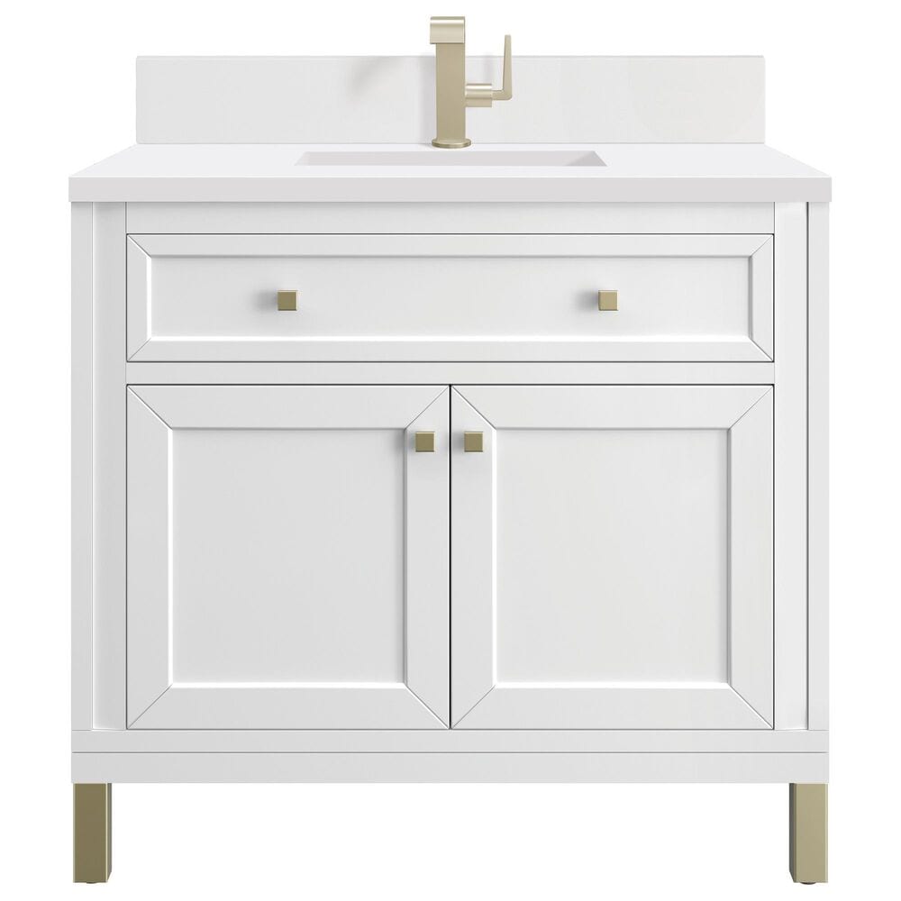 James Martin Vanities Chicago 36" Single Bathroom Vanity in Glossy White with Single Hole 3 cm White Zeus Quartz Top and Rectangular Sink, , large