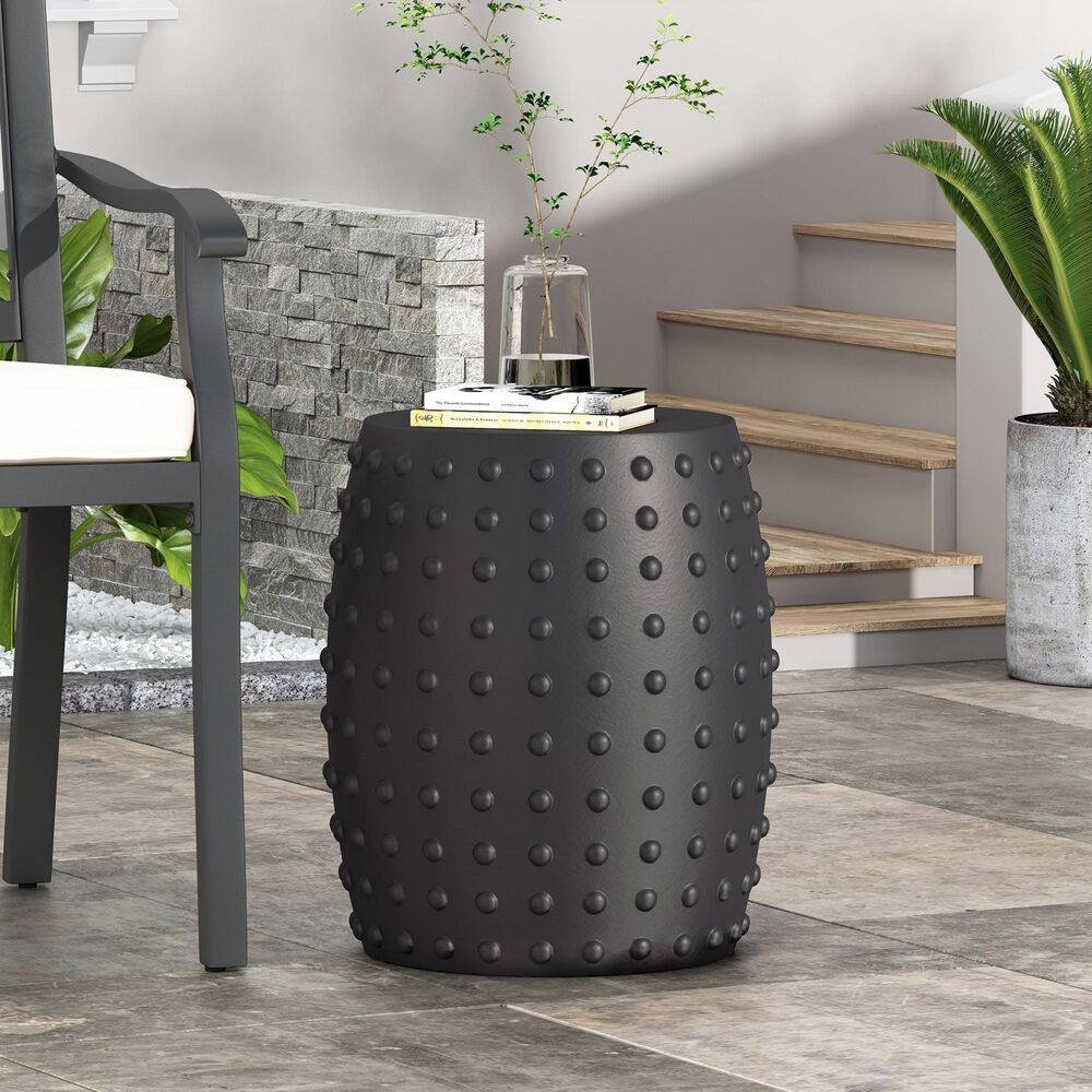 Hearth and Haven Outdoor Barrel Side Table with Studded Texture Design in Matte Black, , large