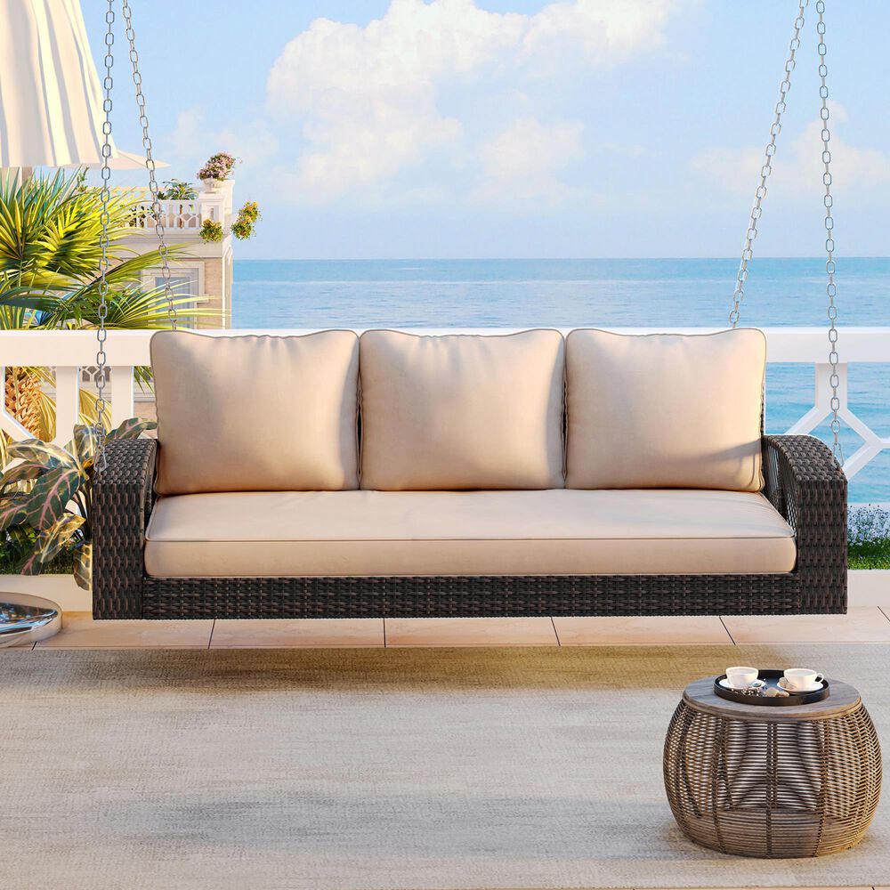 Hearth and Haven Go Outdoor 3-Seater PE Rattan Wicker Porch Swing Bench in Beige, , large