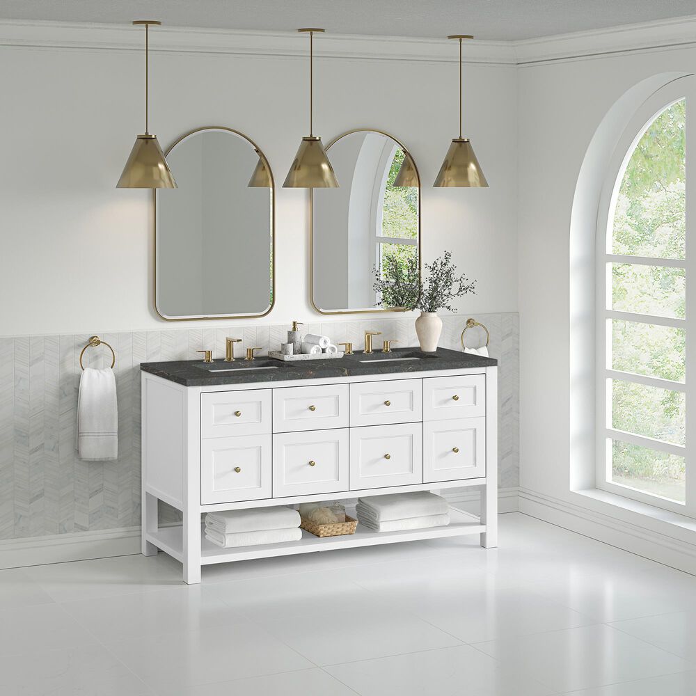 James Martin Vanities Breckenridge 60&quot; Double Bathroom Vanity in Bright White with 3 cm Parisien Bleu Quartz Top and Rectangular Sinks, , large