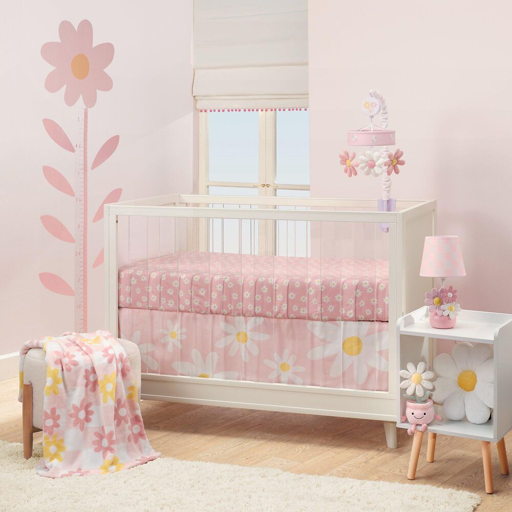 Lambs and Ivy Daisy Dreams Hand-Painted Floral Lamp with Shade and LED Bulb in Pink and White, , large
