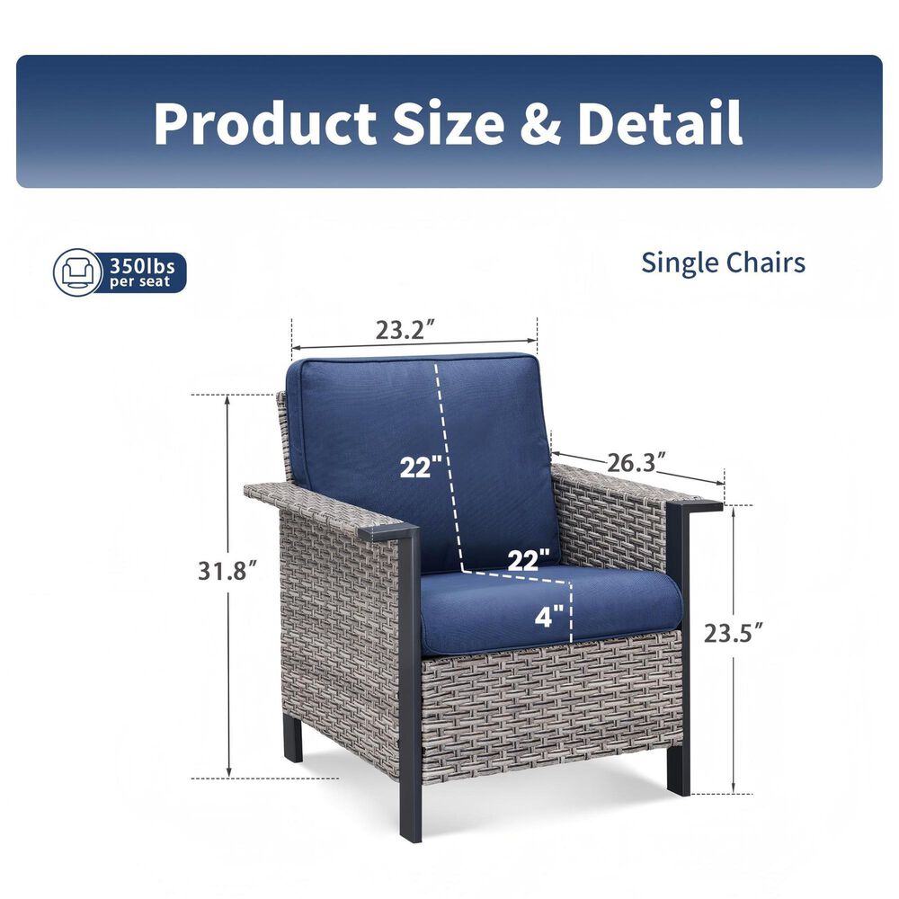 Sunwell Garden Patio Stationary Chair with Brown Frame and Square Armrests in Navy (Set of 2), , large