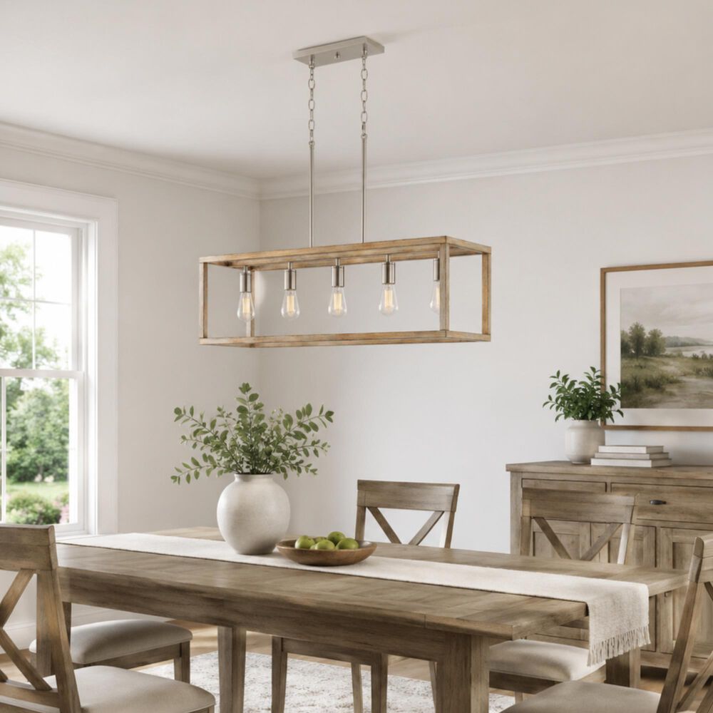 Vaxcel Pratt 5-Light Linear Chandelier in Satin Nickel and Light Oak, , large