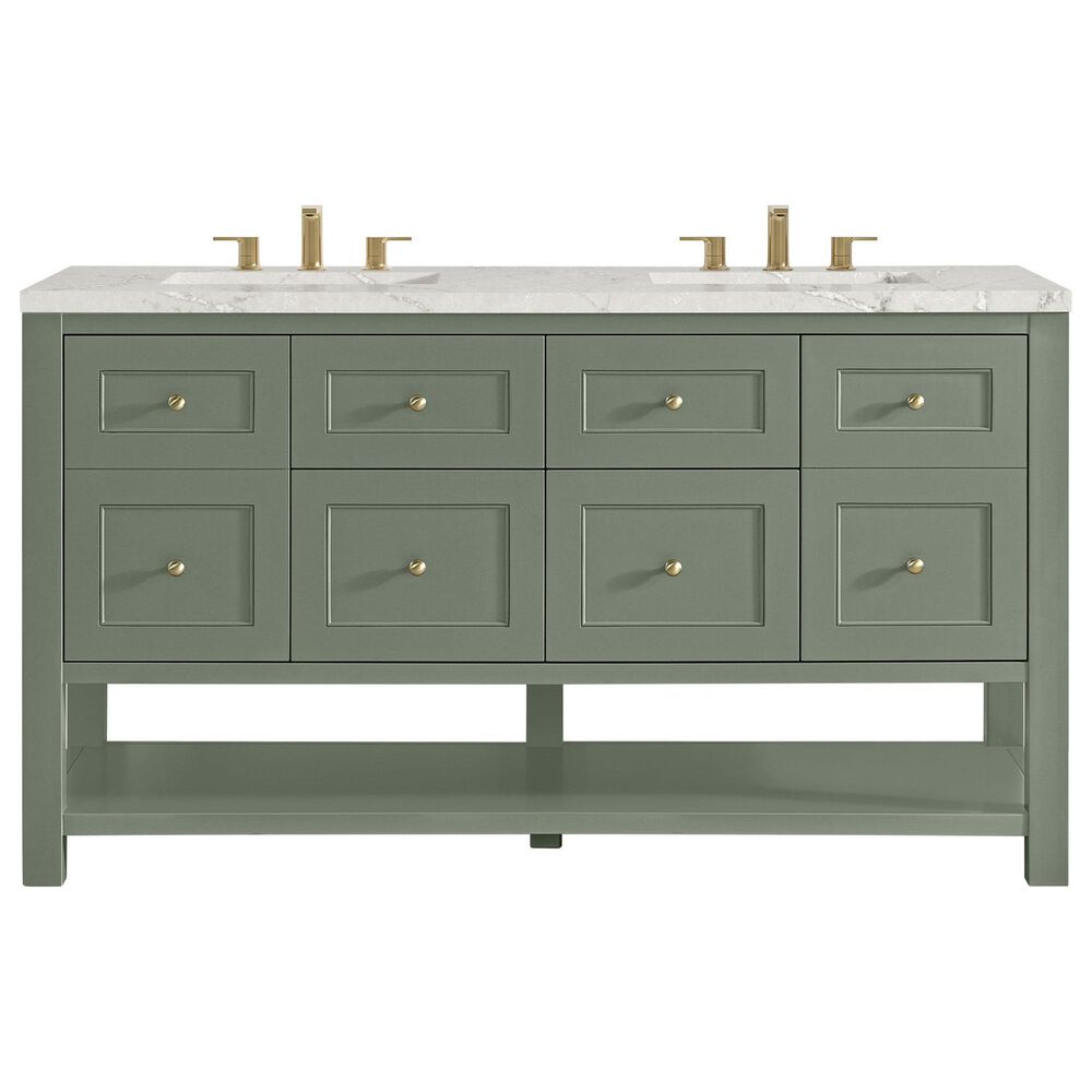James Martin Vanities Breckenridge 60" Double Bathroom Vanity in Smokey Celadon with 3 cm Victorian Silver Quartz Top and Rectangular Sinks, , large