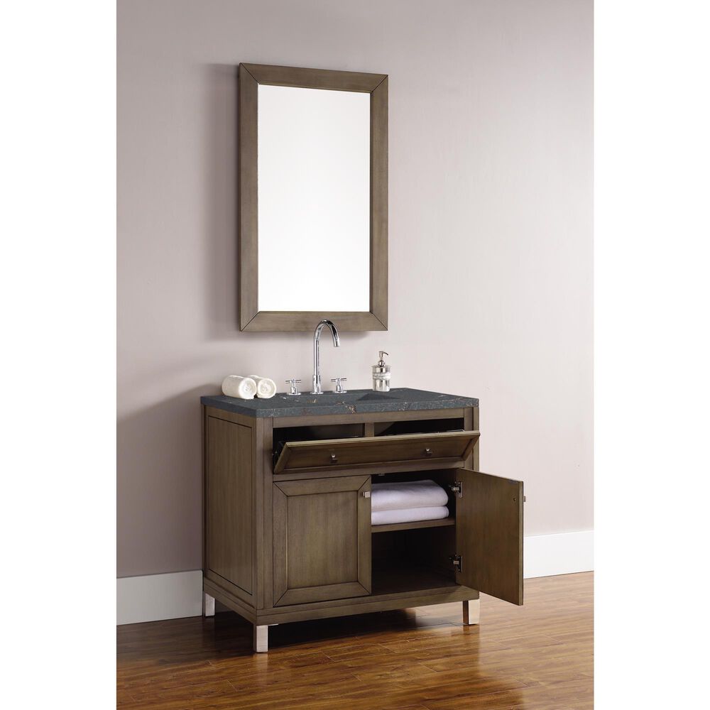 James Martin Vanities Chicago 36&quot; Single Bathroom Vanity in Whitewashed Walnut with 3 cm Parisien Bleu Quartz Top and Rectangular Sink, , large