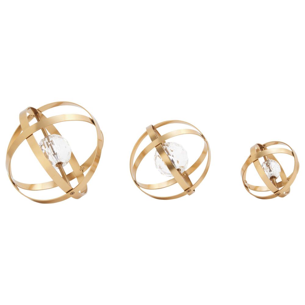 Maple and Jade Geometric Orb Sculpture with Faux Crystal in Gold and Clear (Set of 3), , large