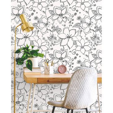NextWall Linework Floral 216" x 20.5" Peel and Stick Wallpaper in Black and White, , large