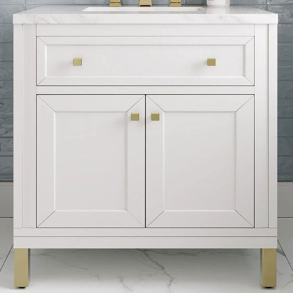 James Martin Vanities Chicago 36" Single Bathroom Vanity in Glossy White with 3 cm Arctic Fall Solid Surface Top and Rectangular Sink, , large