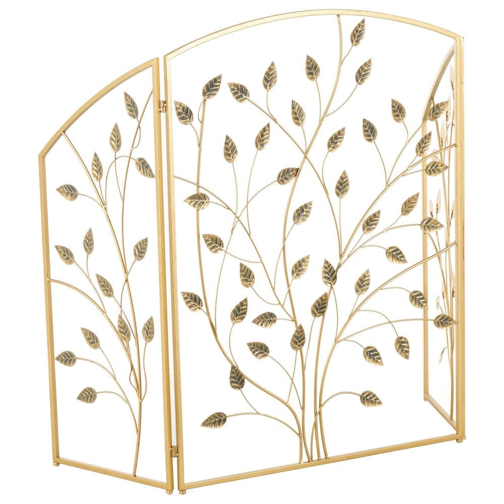 Maple and Jade Leaf Foldable Three Panel Fireplace Screen in Satin Gold, , large