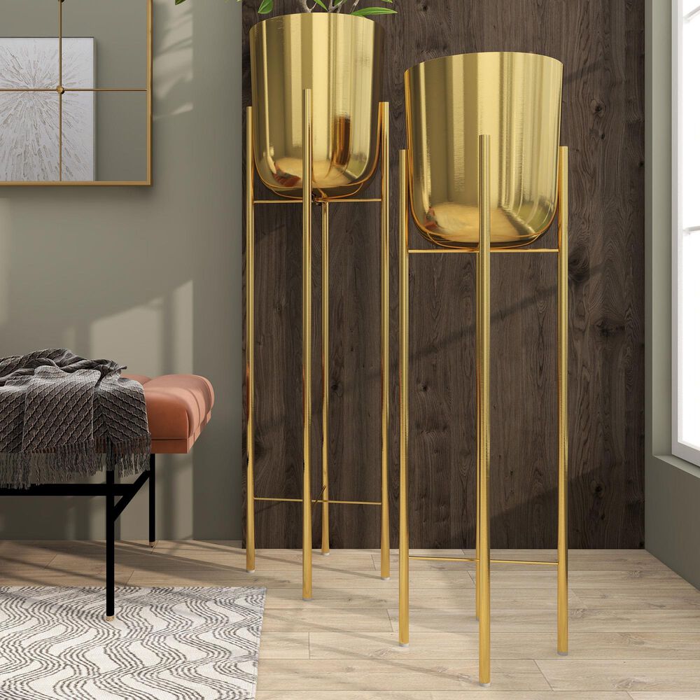 Maple and Jade Dome Indoor/Outdoor Planter with Removable Stand in Polished Gold &#40;Set of 2&#41;, , large