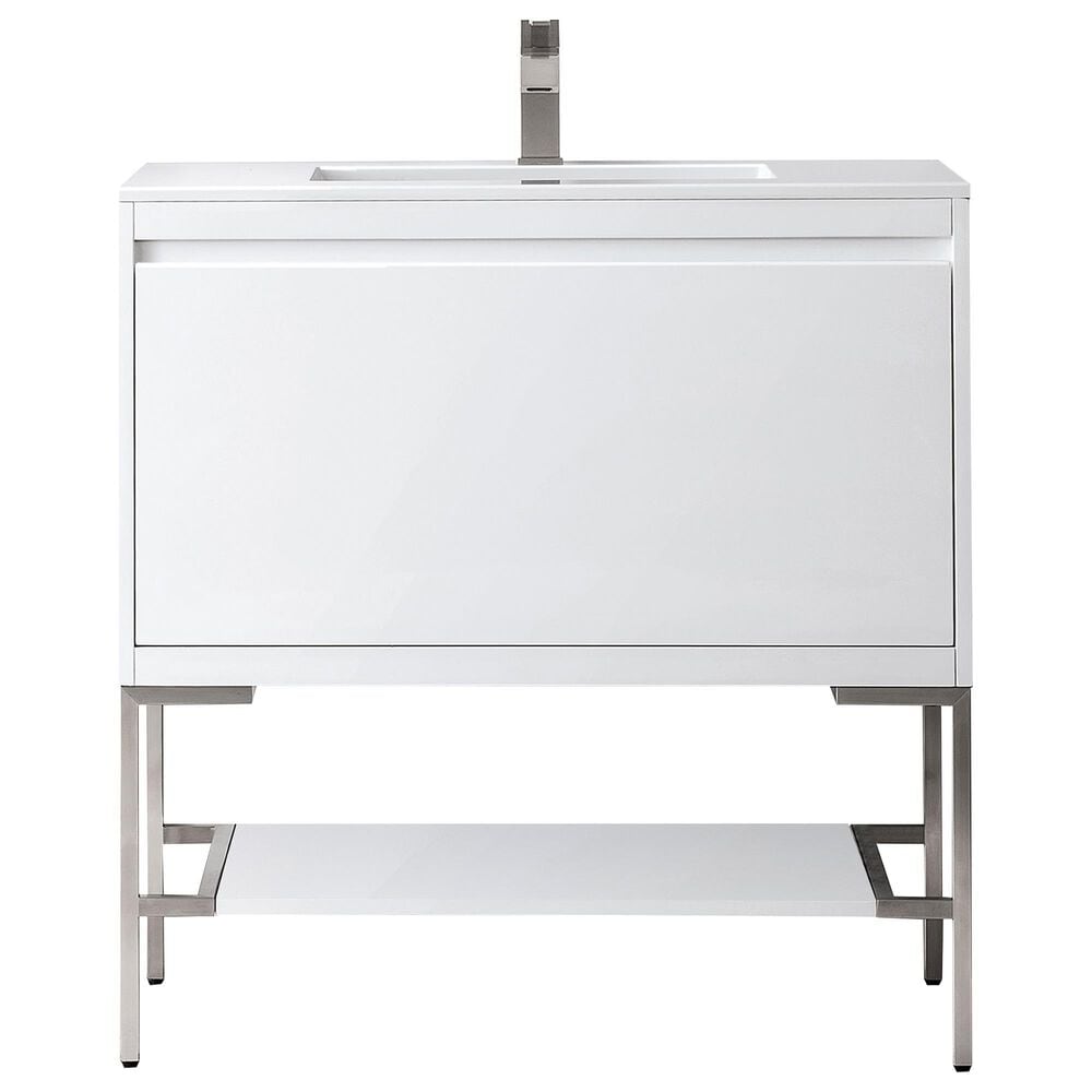 James Martin Vanities Mantova 35.4" Single Bathroom Vanity in Glossy White and Brushed Nickel with 2 cm Glossy White Solid Surface Top and Rectangular Sink, , large