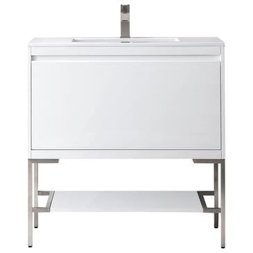 James Martin Vanities Mantova 35.4" Single Bathroom Vanity in Glossy White and Brushed Nickel with 2 cm Glossy White Solid Surface Top and Rectangular Sink, , large