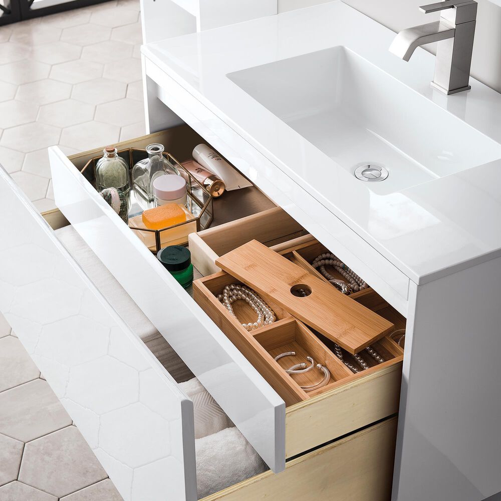 James Martin Mantova 35.4&quot; Single Bathroom Vanity in Glossy White and Champagne Brass with 2 cm Glossy White Solid Surface Top and Rectangular Sink, , large