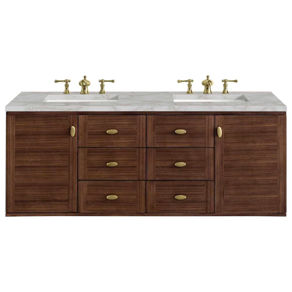 James Martin Vanities Amberly 60" Double Bathroom Vanity in Mid-Century Walnut with 3 cm Eternal Jasmine Pearl Silestone Top, Rectangular Sinks and FreePower Wireless Charger, , large