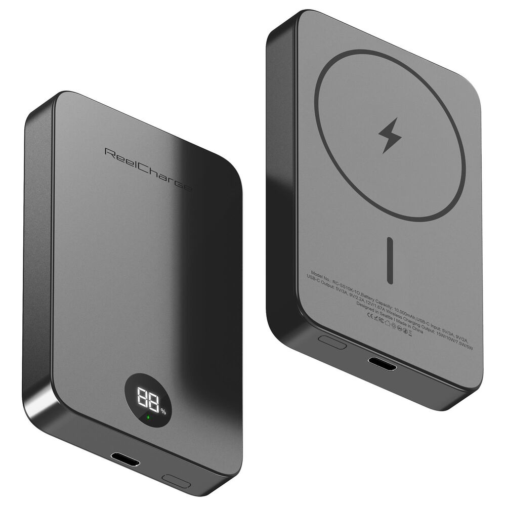 ReelCharge 10,000 mAh Semi-Solid State Wireless Power Bank with LED Display in Black, , large