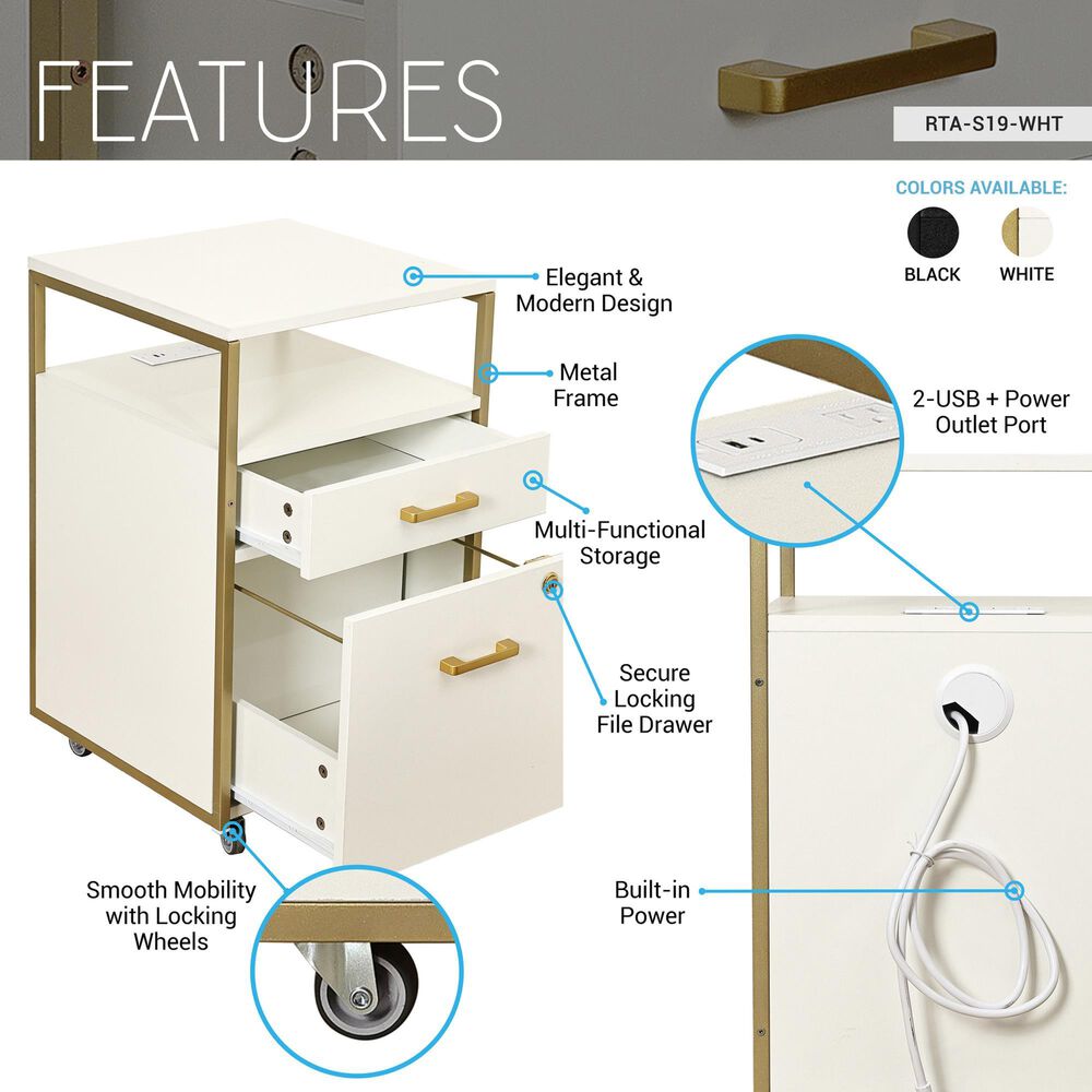 Rta Products Llc Modern Rolling File Cabinet with USB Charging Ports and Power Outlet in White and Gold, , large