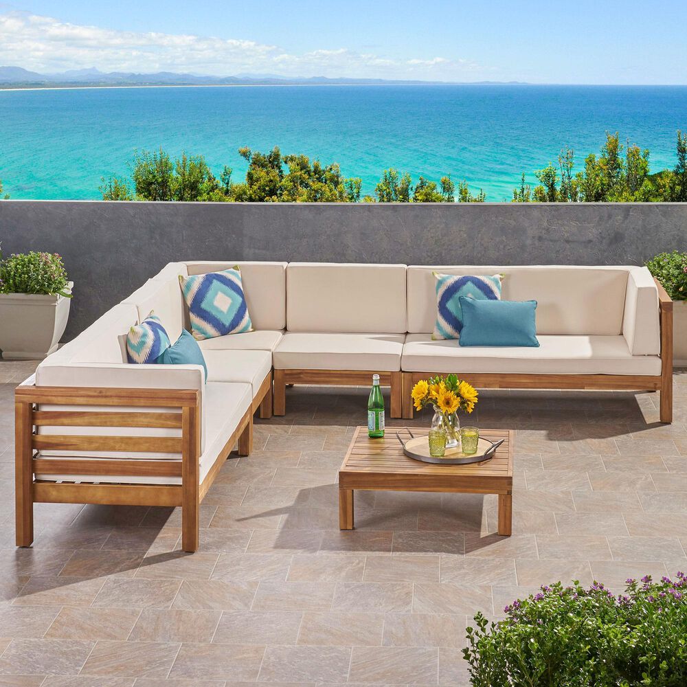Noble House Kaena 6-Piece Stationary Patio L-Shaped Sectional Chat Set in Beige, , large