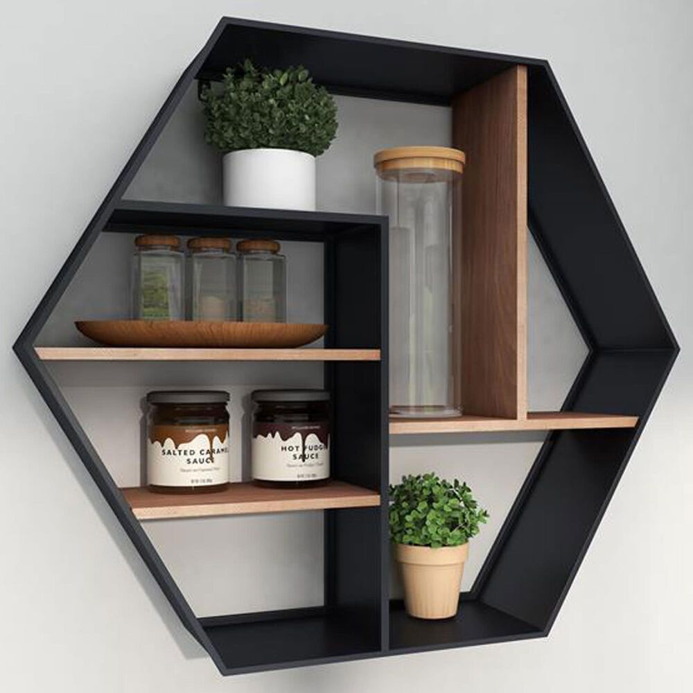 Maple and Jade 30&quot; Hexagon Wall Shelf in Matte Black and Varnished Brown, , large