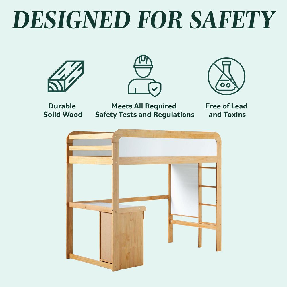Walker Edison Adyn Twin Loft Bunk Bed with Desk in Natural Pine, , large