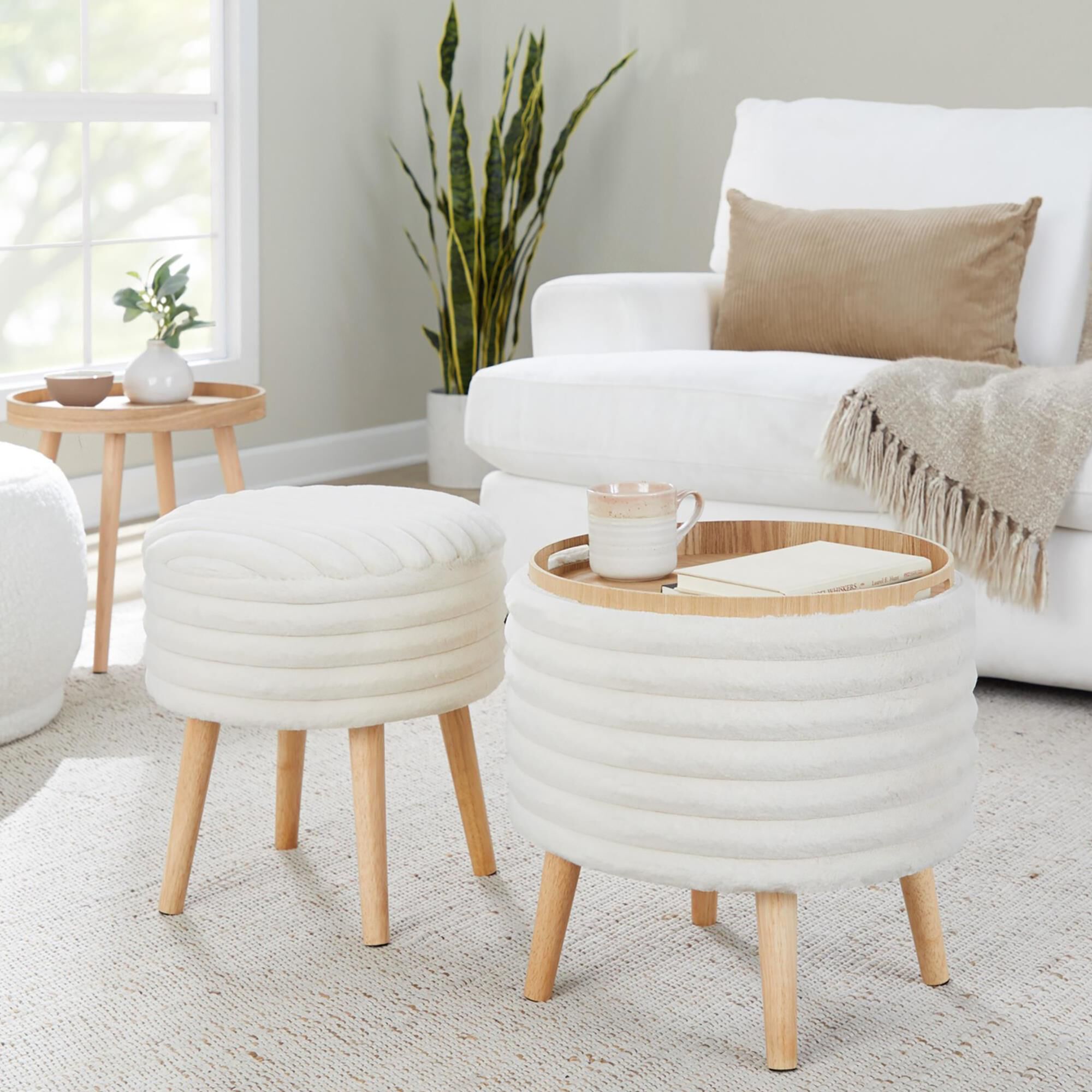 Lumisource Tray Plush 2-Piece Storage Ottoman Set in Cream