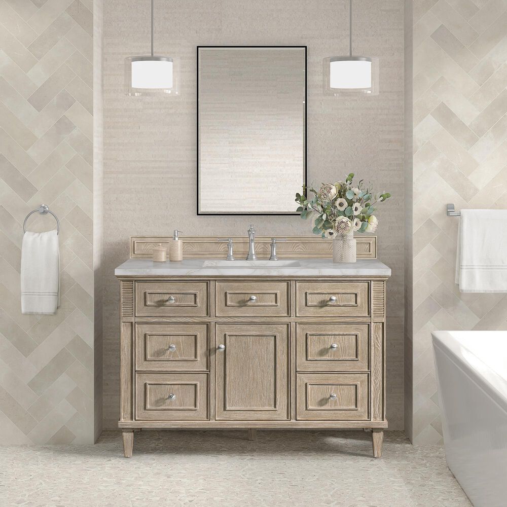 James Martin Vanities Lorelai 48" Single Bathroom Vanity in Whitewashed Oak with 3 cm Eternal Jasmine Pearl Silestone Top, Rectangular Sink and FreePower Wireless Charger, , large