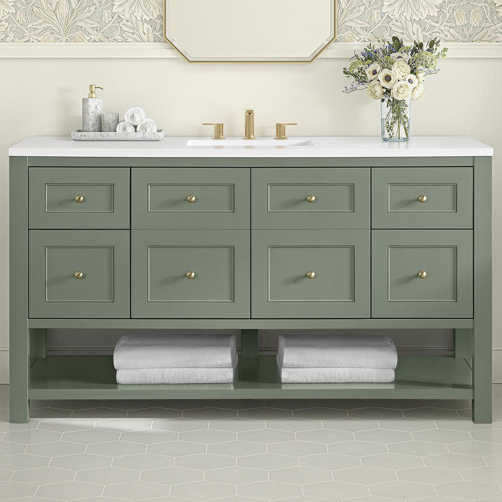 James Martin Vanities Breckenridge 60" Single Bathroom Vanity in Smokey Celadon with 3 cm White Zeus Quartz Top and Rectangular Sink, , large