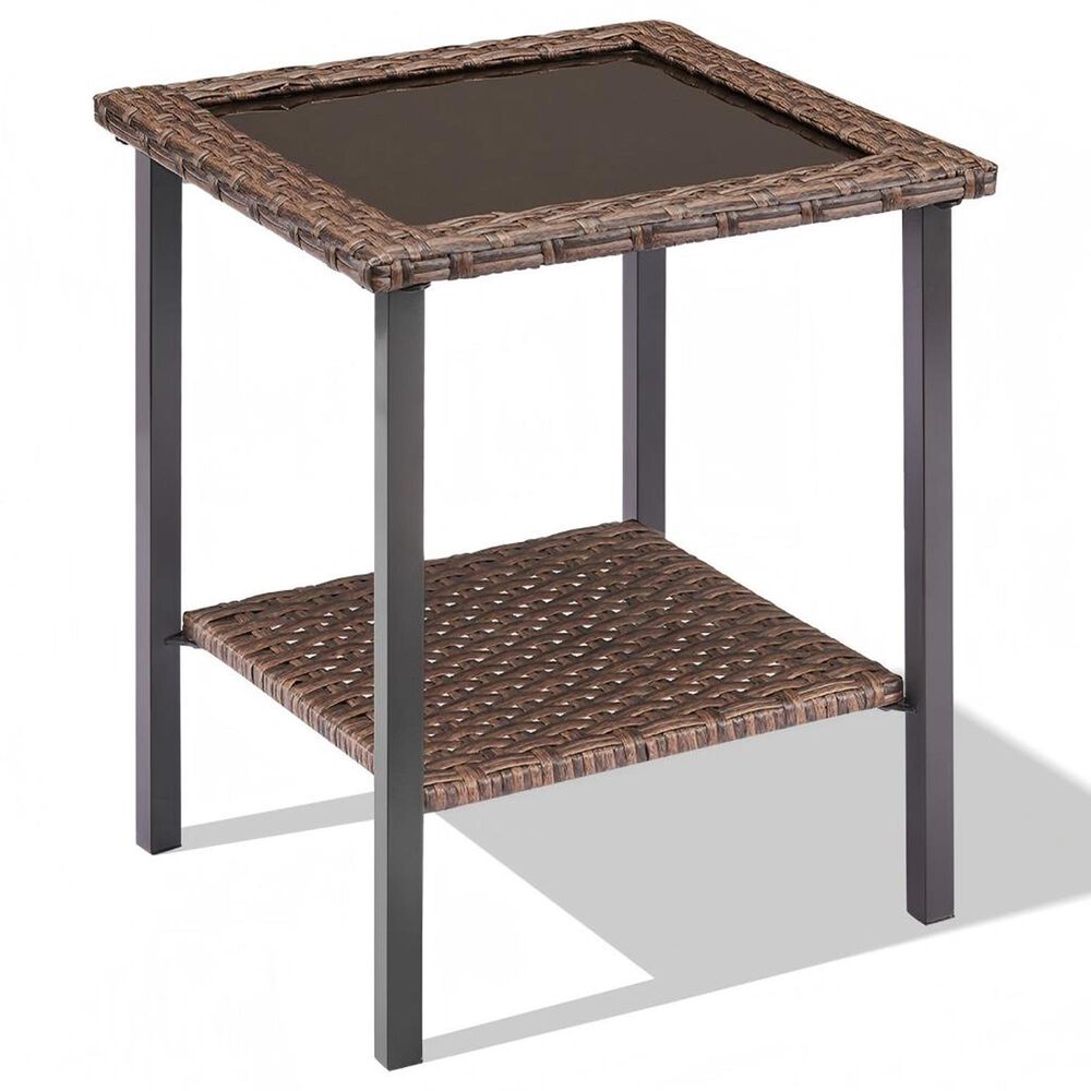 Sunwell Garden 18" Patio Square Side Table with Glass Top in Brown, , large