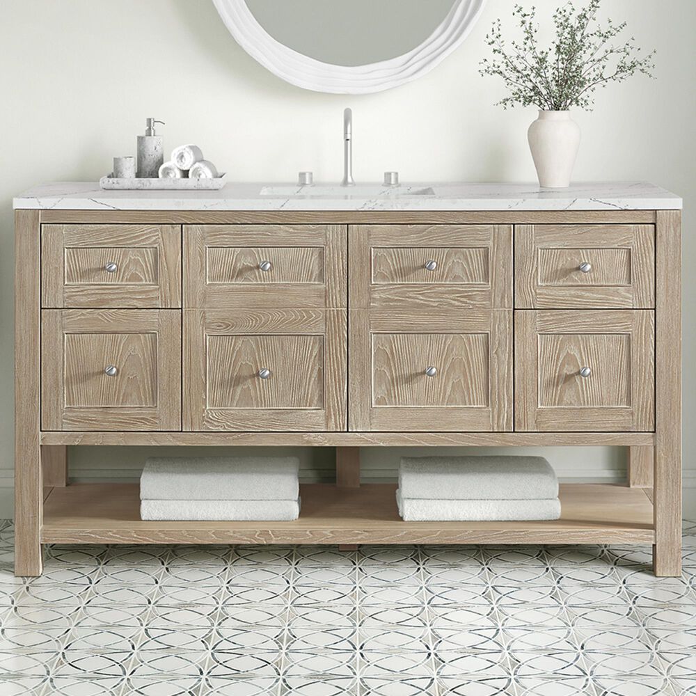 James Martin Vanities Breckenridge 60&quot; Single Bathroom Vanity in Whitewashed Oak with 3 cm Ethereal Noctis Quartz Top and Rectangular Sink, , large